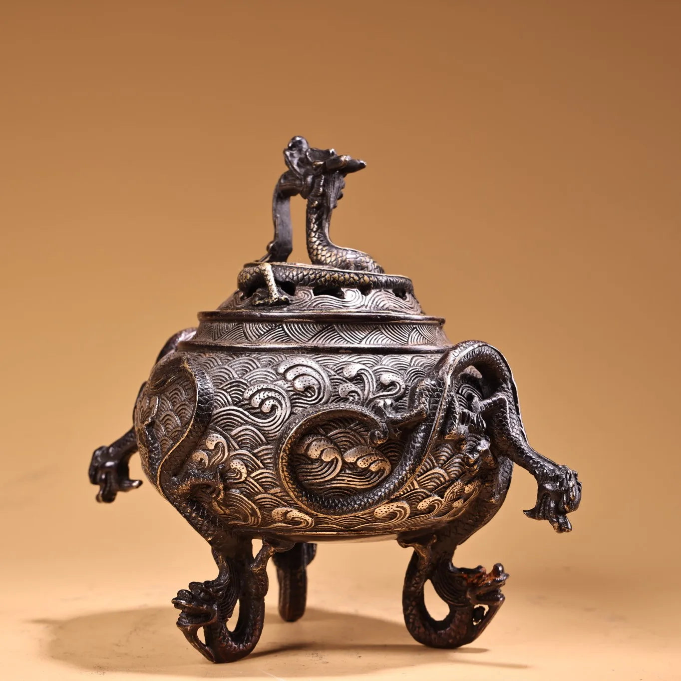 6"Tibetan Temple Collection Old Bronze Gilded silver Dragon Head Nine Dragon Incense Burner Worship Hall Town house Exorcism