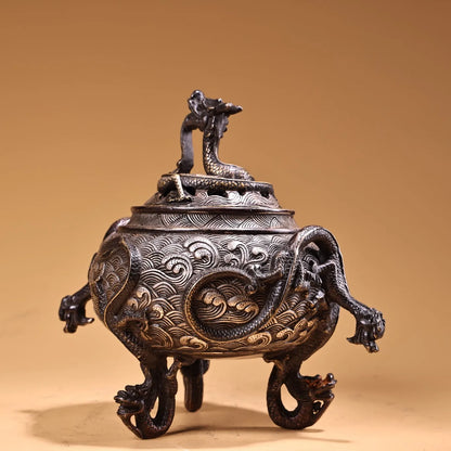 6"Tibetan Temple Collection Old Bronze Gilded silver Dragon Head Nine Dragon Incense Burner Worship Hall Town house Exorcism
