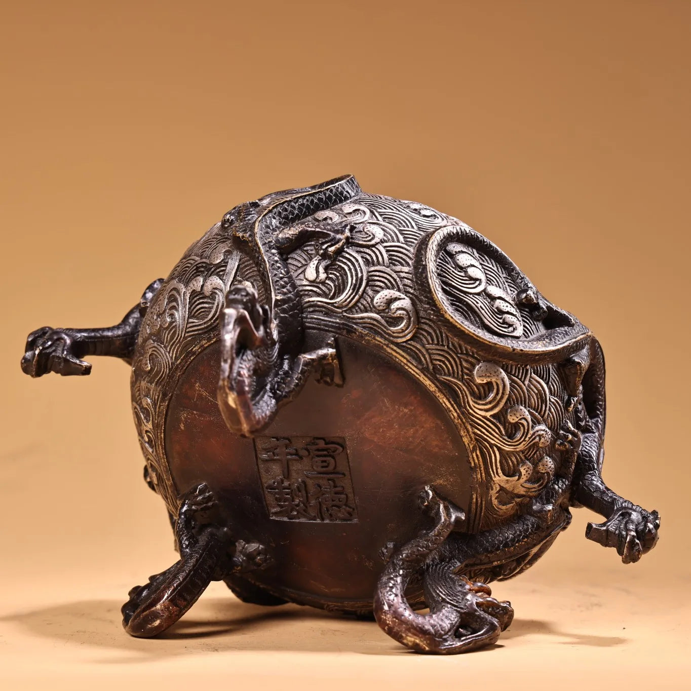 6"Tibetan Temple Collection Old Bronze Gilded silver Dragon Head Nine Dragon Incense Burner Worship Hall Town house Exorcism