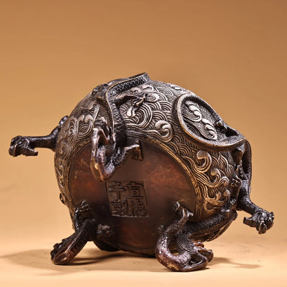 6"Tibetan Temple Collection Old Bronze Gilded silver Dragon Head Nine Dragon Incense Burner Worship Hall Town house Exorcism