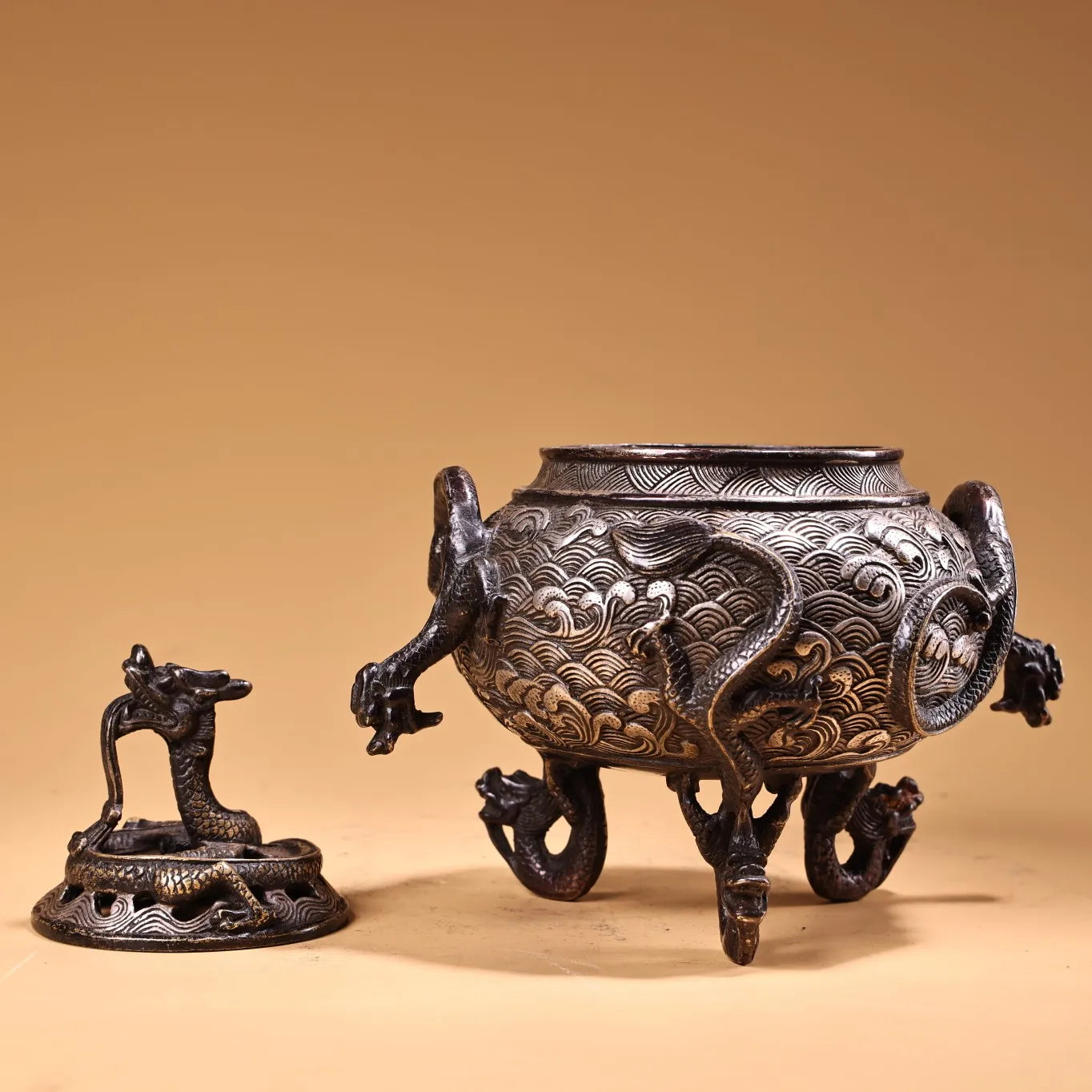 6"Tibetan Temple Collection Old Bronze Gilded silver Dragon Head Nine Dragon Incense Burner Worship Hall Town house Exorcism