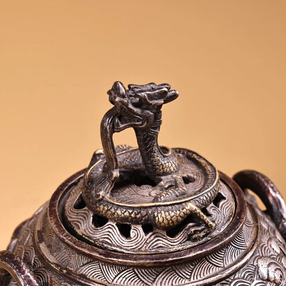 6"Tibetan Temple Collection Old Bronze Gilded silver Dragon Head Nine Dragon Incense Burner Worship Hall Town house Exorcism