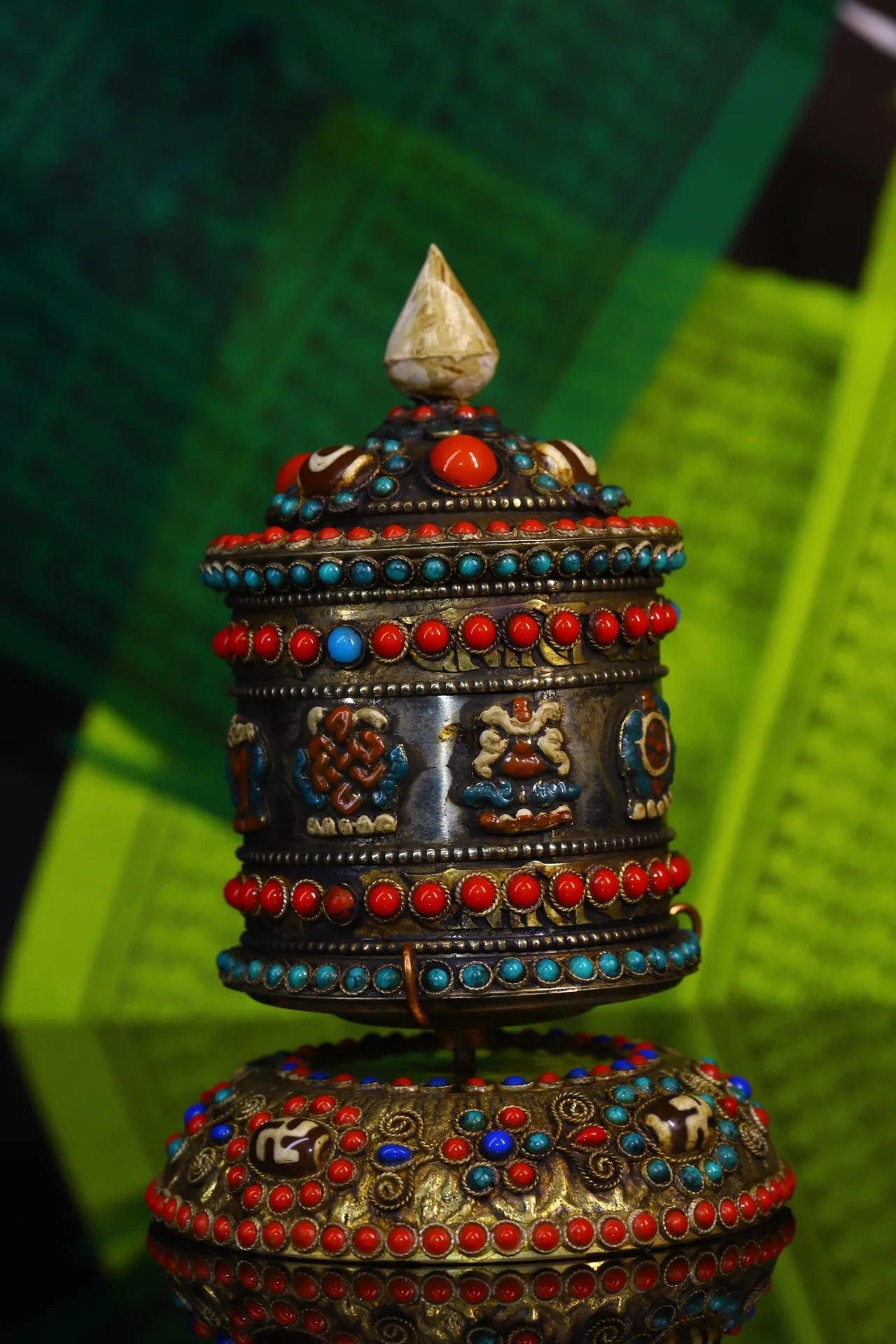 6"Tibetan Temple Collection Old Bronze Gilt Mosaic Gem gZi Beads Six Character Proverbs prayer wheel chanting Amulet Dharma