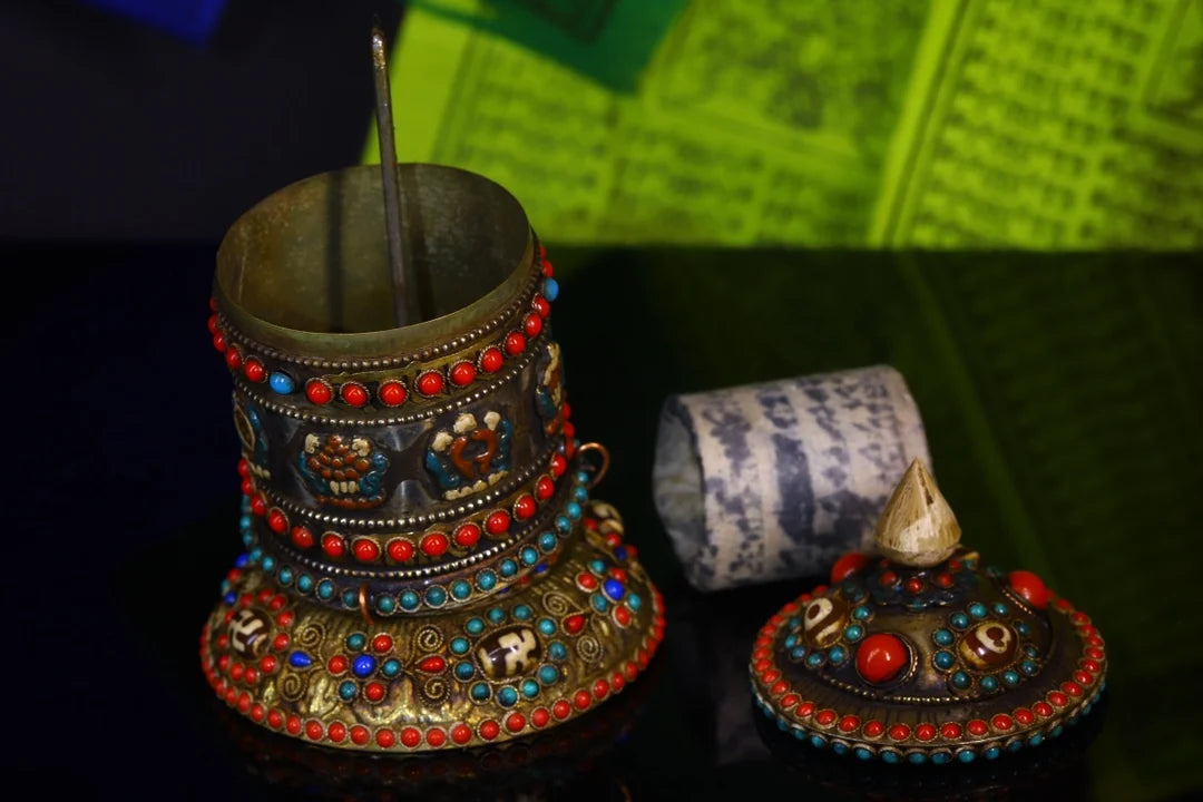 6"Tibetan Temple Collection Old Bronze Gilt Mosaic Gem gZi Beads Six Character Proverbs prayer wheel chanting Amulet Dharma