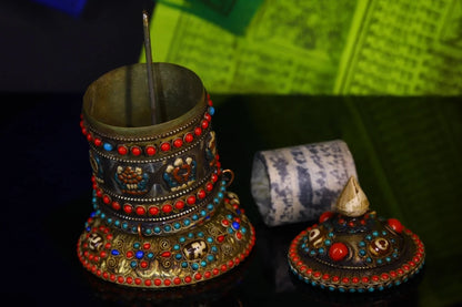 6"Tibetan Temple Collection Old Bronze Gilt Mosaic Gem gZi Beads Six Character Proverbs prayer wheel chanting Amulet Dharma