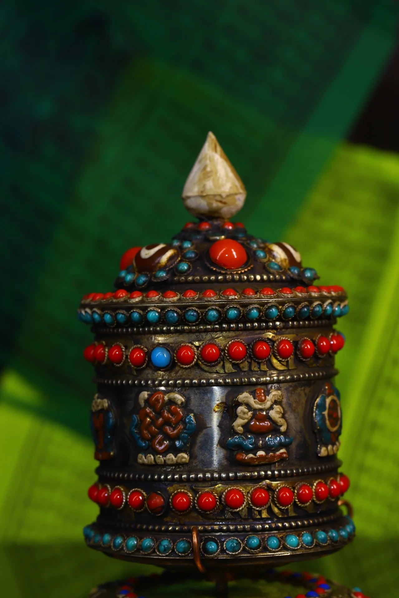 6"Tibetan Temple Collection Old Bronze Gilt Mosaic Gem gZi Beads Six Character Proverbs prayer wheel chanting Amulet Dharma