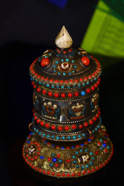 6"Tibetan Temple Collection Old Bronze Gilt Mosaic Gem gZi Beads Six Character Proverbs prayer wheel chanting Amulet Dharma