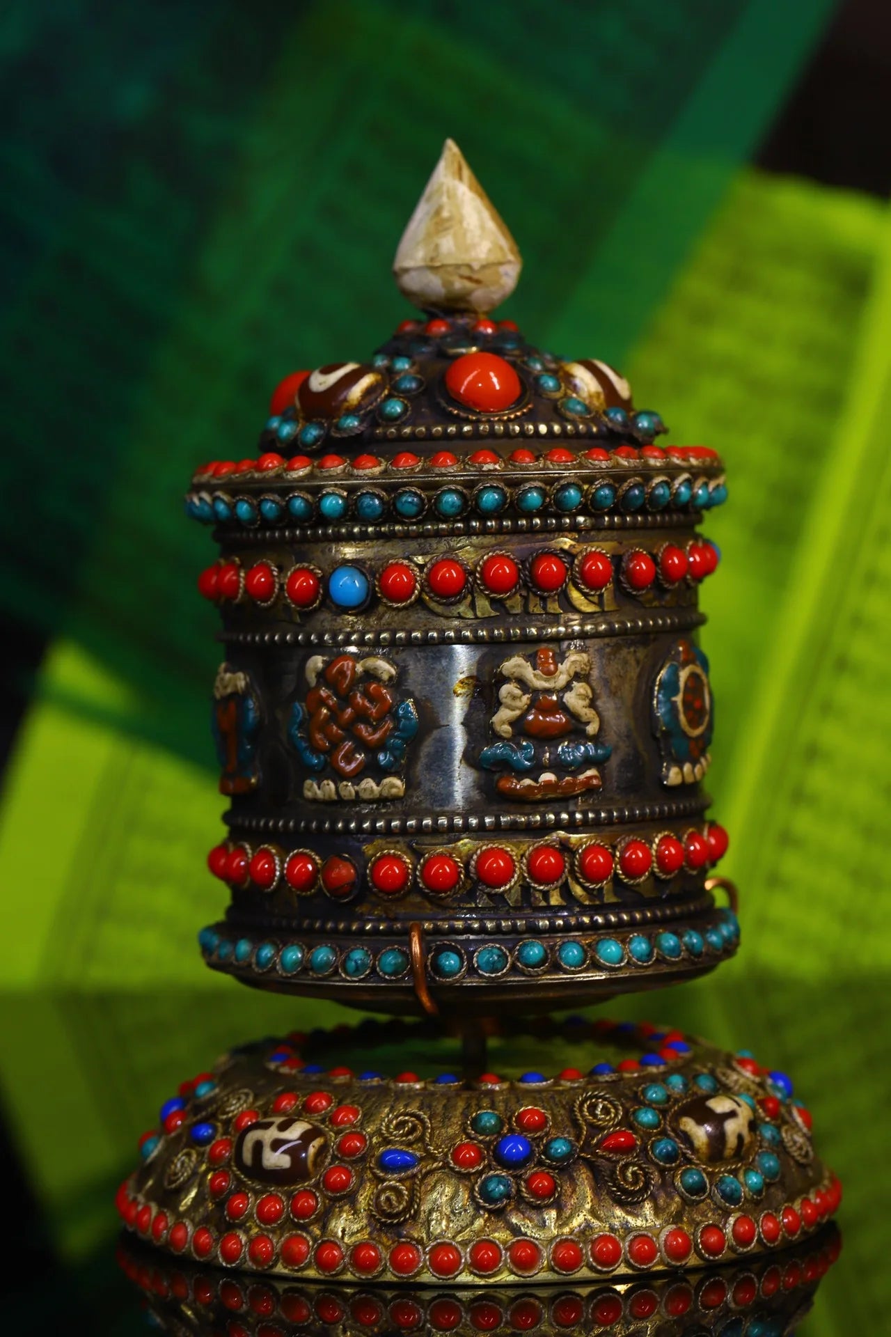 6"Tibetan Temple Collection Old Bronze Gilt Mosaic Gem gZi Beads Six Character Proverbs prayer wheel chanting Amulet Dharma