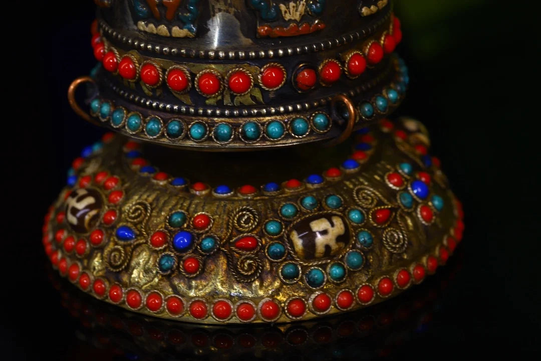 6"Tibetan Temple Collection Old Bronze Gilt Mosaic Gem gZi Beads Six Character Proverbs prayer wheel chanting Amulet Dharma