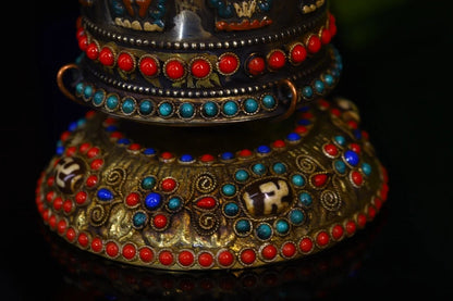 6"Tibetan Temple Collection Old Bronze Gilt Mosaic Gem gZi Beads Six Character Proverbs prayer wheel chanting Amulet Dharma