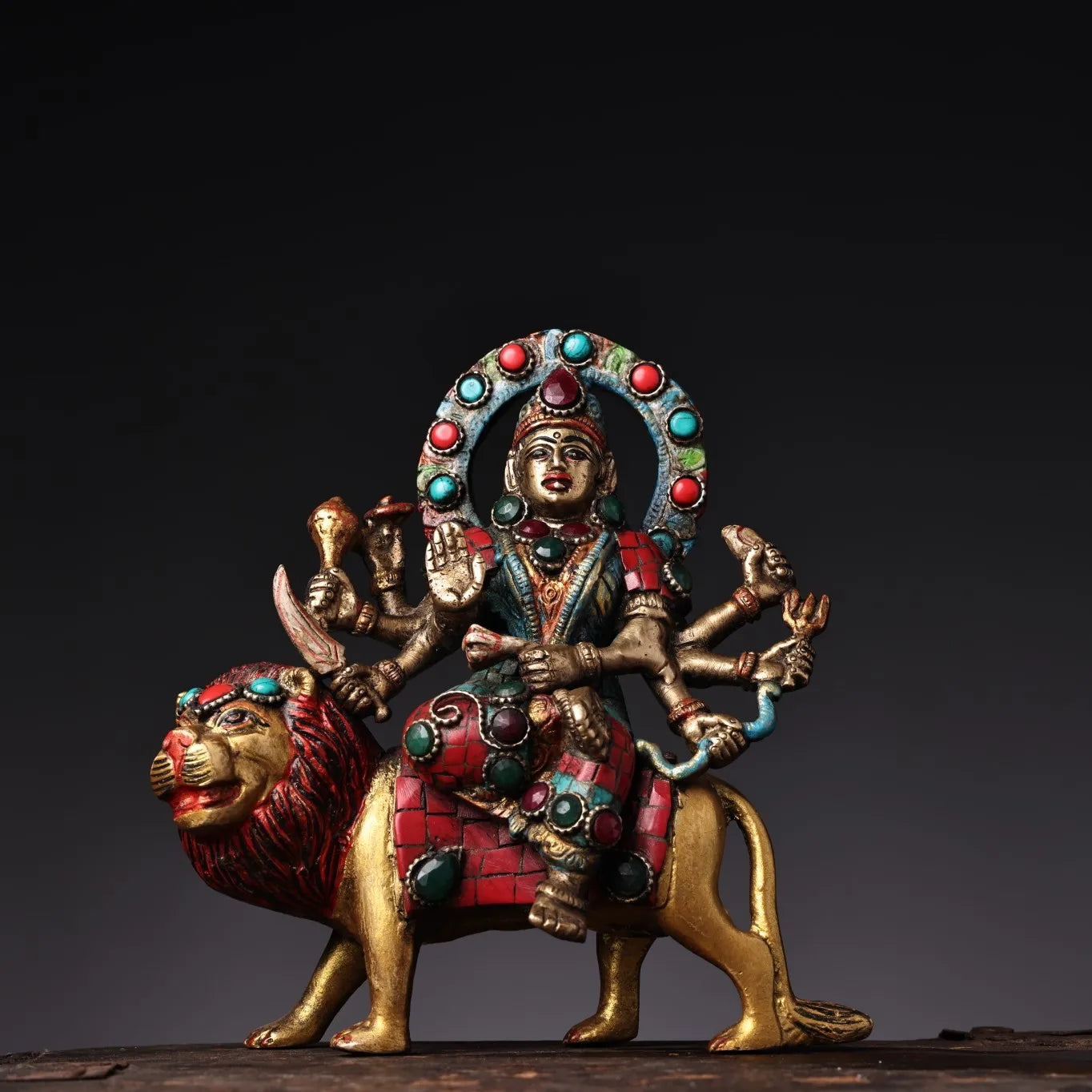 6"Tibetan Temple Collection Old Bronze Outline in gold Painted Mosaic Gem Turquoise Goddess Durga Sitting on Lion Buddha
