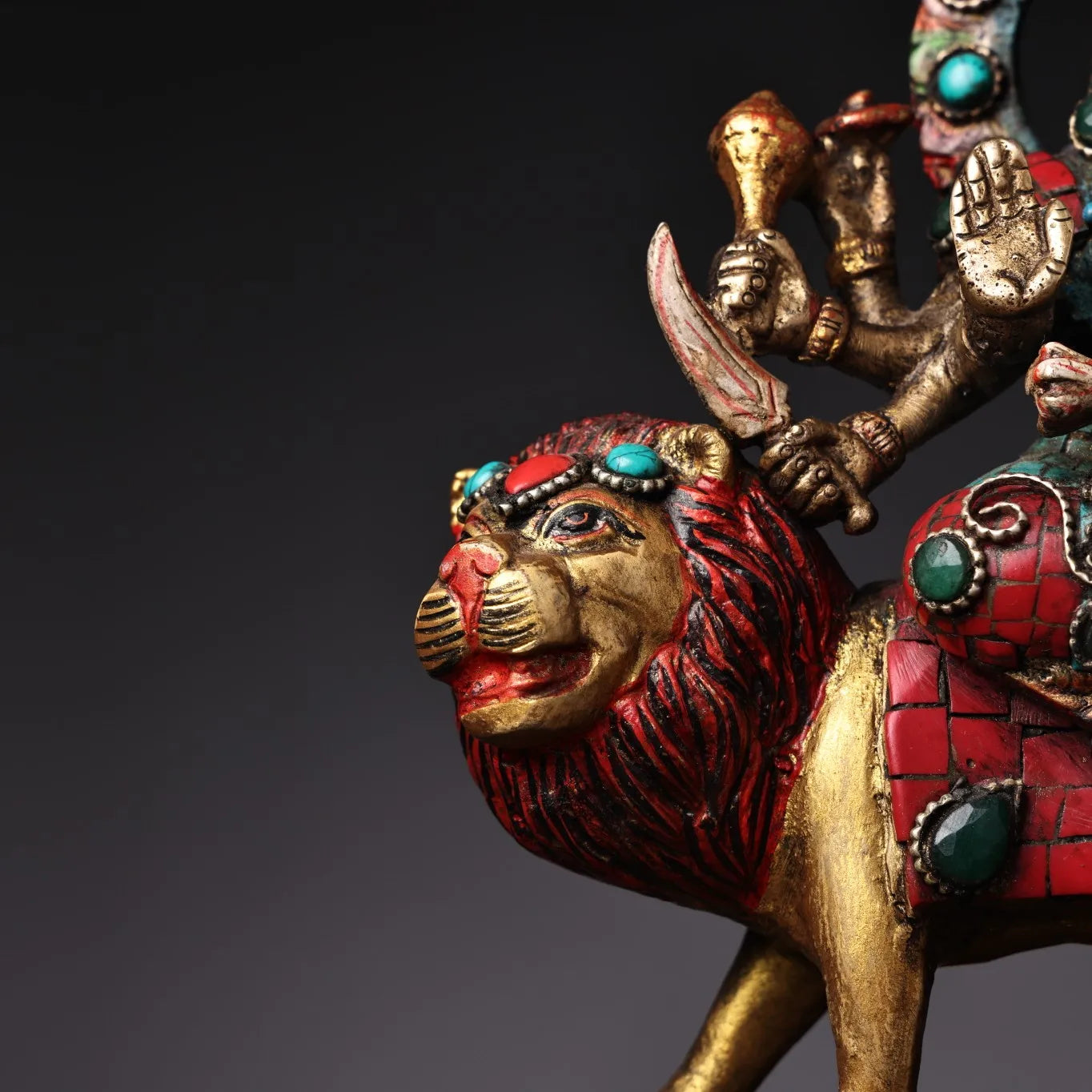 6"Tibetan Temple Collection Old Bronze Outline in gold Painted Mosaic Gem Turquoise Goddess Durga Sitting on Lion Buddha
