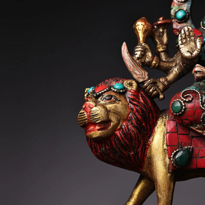 6"Tibetan Temple Collection Old Bronze Outline in gold Painted Mosaic Gem Turquoise Goddess Durga Sitting on Lion Buddha