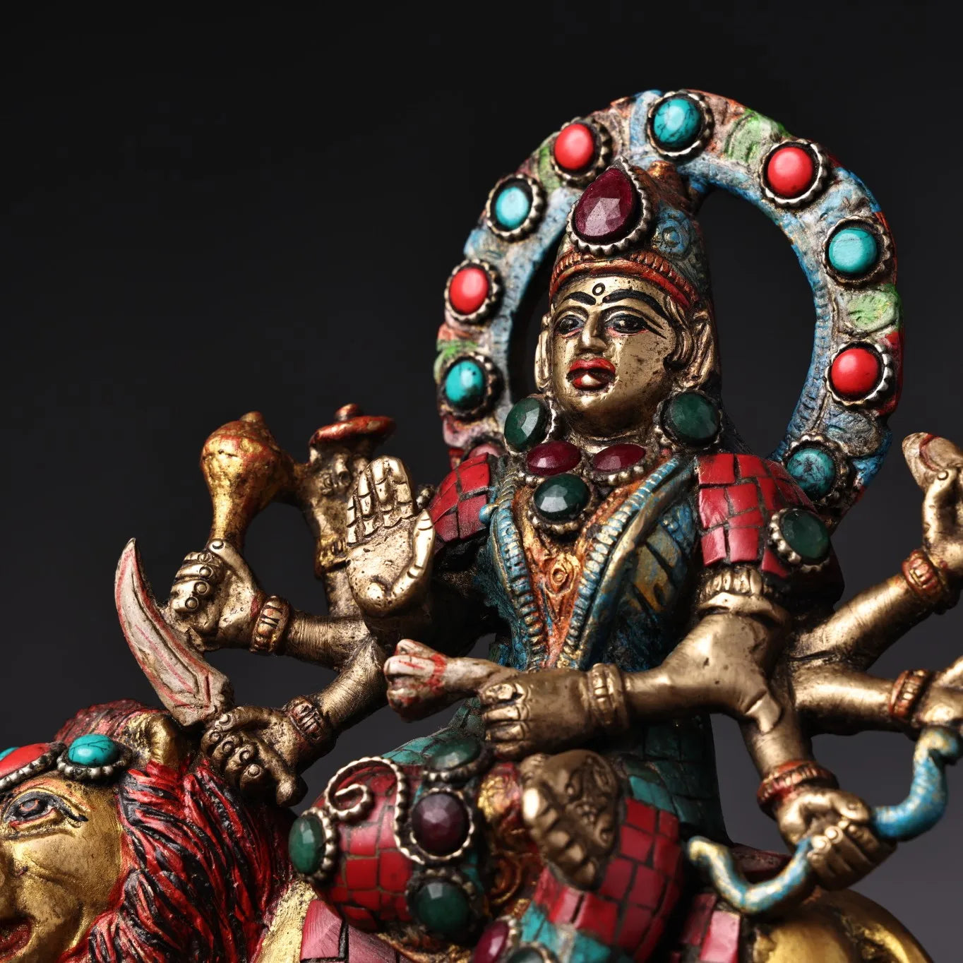 6"Tibetan Temple Collection Old Bronze Outline in gold Painted Mosaic Gem Turquoise Goddess Durga Sitting on Lion Buddha