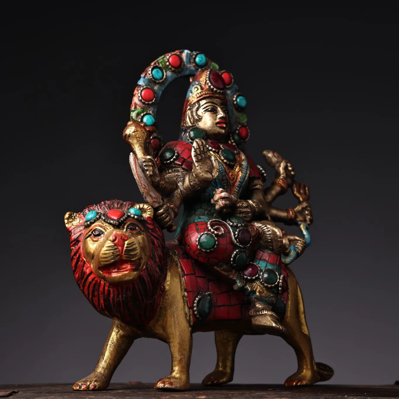 6"Tibetan Temple Collection Old Bronze Outline in gold Painted Mosaic Gem Turquoise Goddess Durga Sitting on Lion Buddha