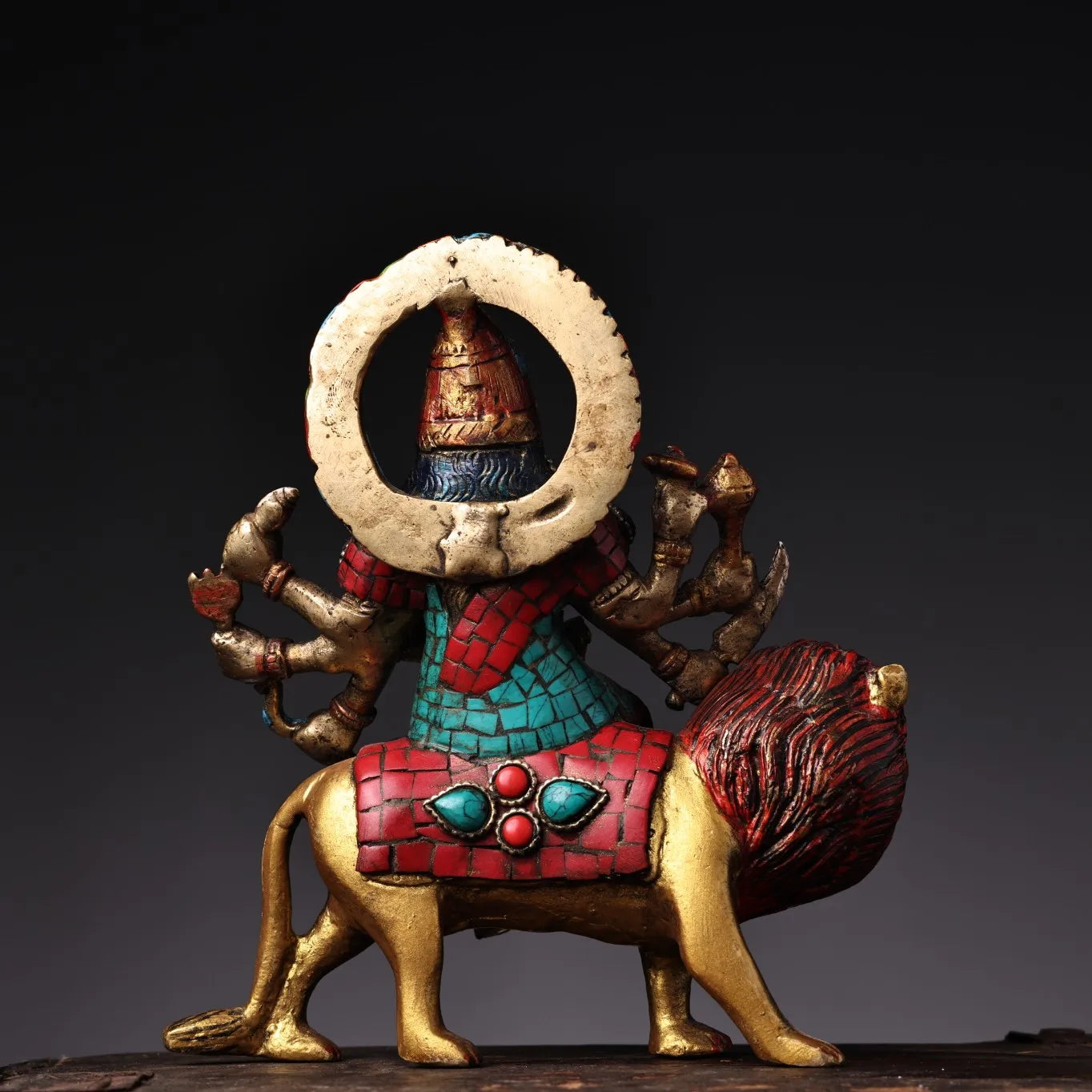 6"Tibetan Temple Collection Old Bronze Outline in gold Painted Mosaic Gem Turquoise Goddess Durga Sitting on Lion Buddha