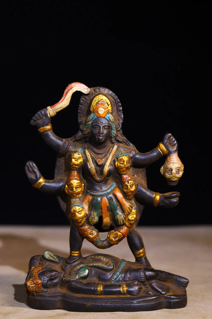 6"Tibetan Temple Collection Old Bronze Painted Hindu genealogy Durga Spouse Shiva Buddha Worship Hall Town house