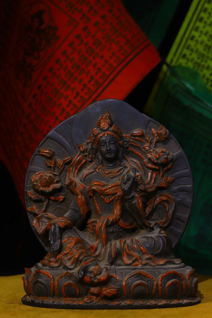 6"Tibetan Temple Collection Old Bronze Tracing Tara Bodhisattva Sitting Buddha Office Ornaments Town House Exorcism