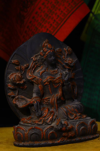 6"Tibetan Temple Collection Old Bronze Tracing Tara Bodhisattva Sitting Buddha Office Ornaments Town House Exorcism