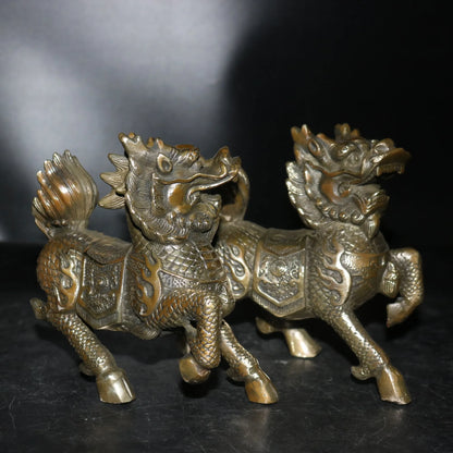 6"Tibetan Temple Collection Old Bronze Unicorn kylin Mythical Animals A pair Amass wealth Ornaments Town House Exorcism