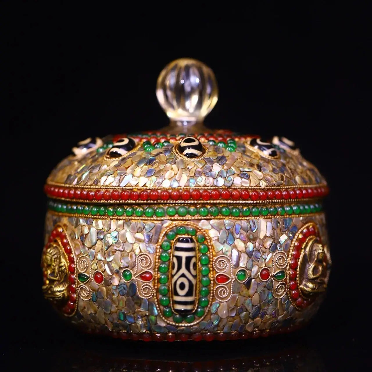 6"Tibetan Temple Collection Old Crystal Mosaic Gem gZi Beads Shell Buddha Texture Buddha jar Relic jar Amulet Worship Hall