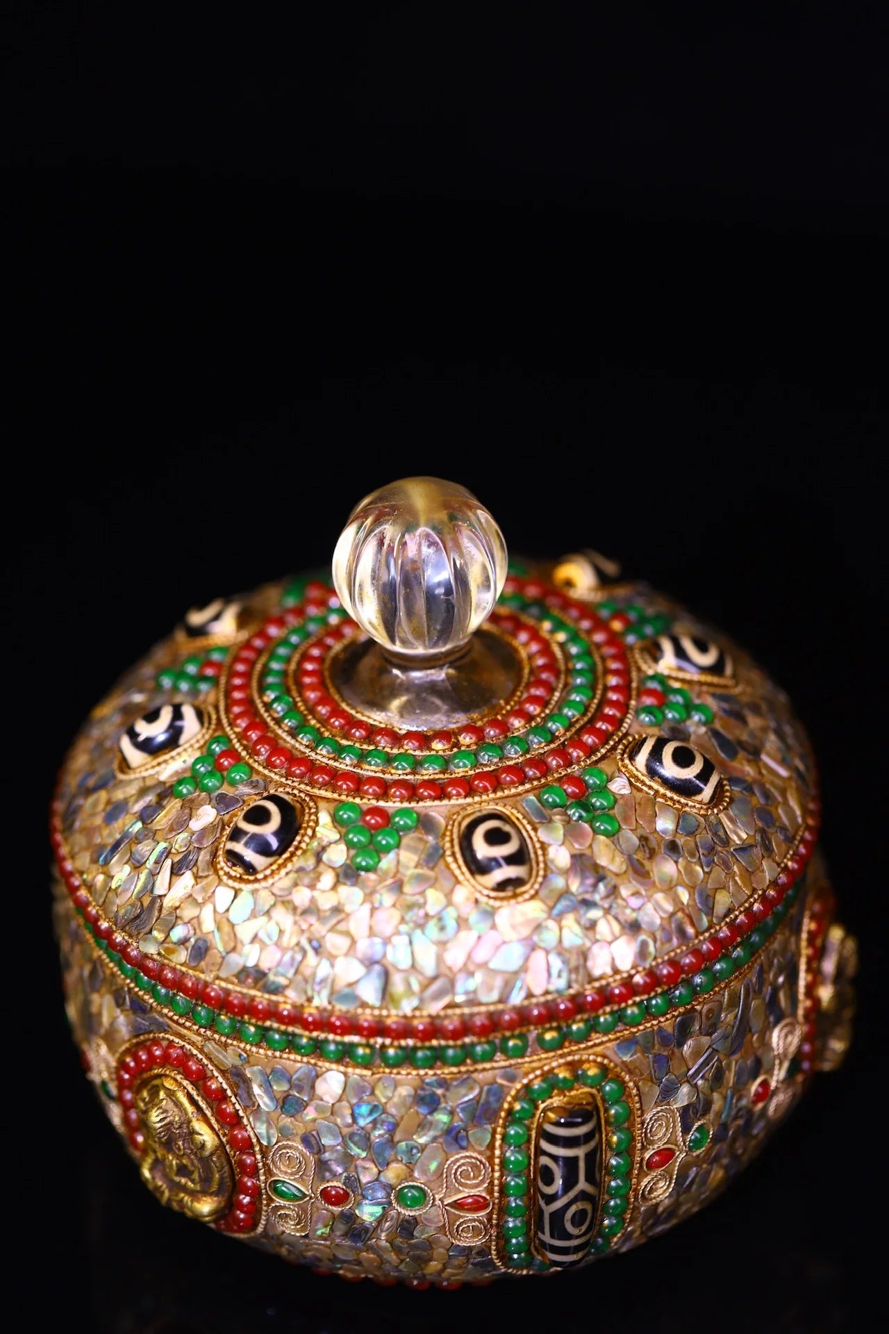 6"Tibetan Temple Collection Old Crystal Mosaic Gem gZi Beads Shell Buddha Texture Buddha jar Relic jar Amulet Worship Hall