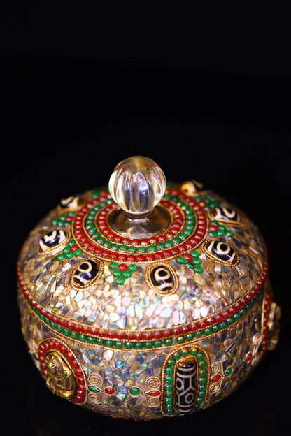 6"Tibetan Temple Collection Old Crystal Mosaic Gem gZi Beads Shell Buddha Texture Buddha jar Relic jar Amulet Worship Hall