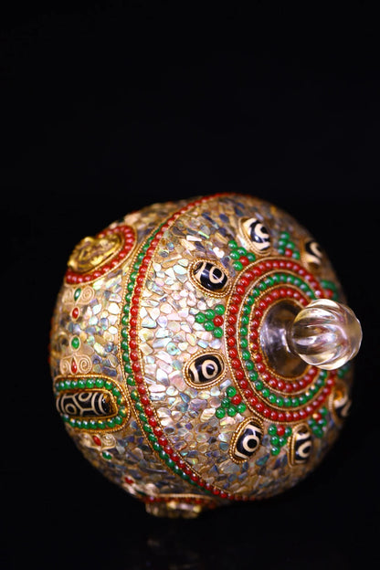 6"Tibetan Temple Collection Old Crystal Mosaic Gem gZi Beads Shell Buddha Texture Buddha jar Relic jar Amulet Worship Hall