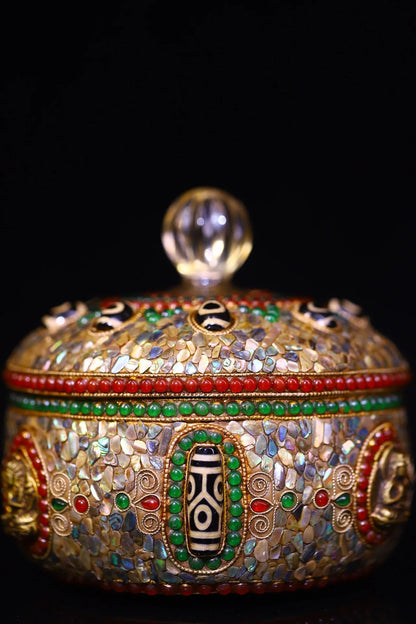 6"Tibetan Temple Collection Old Crystal Mosaic Gem gZi Beads Shell Buddha Texture Buddha jar Relic jar Amulet Worship Hall