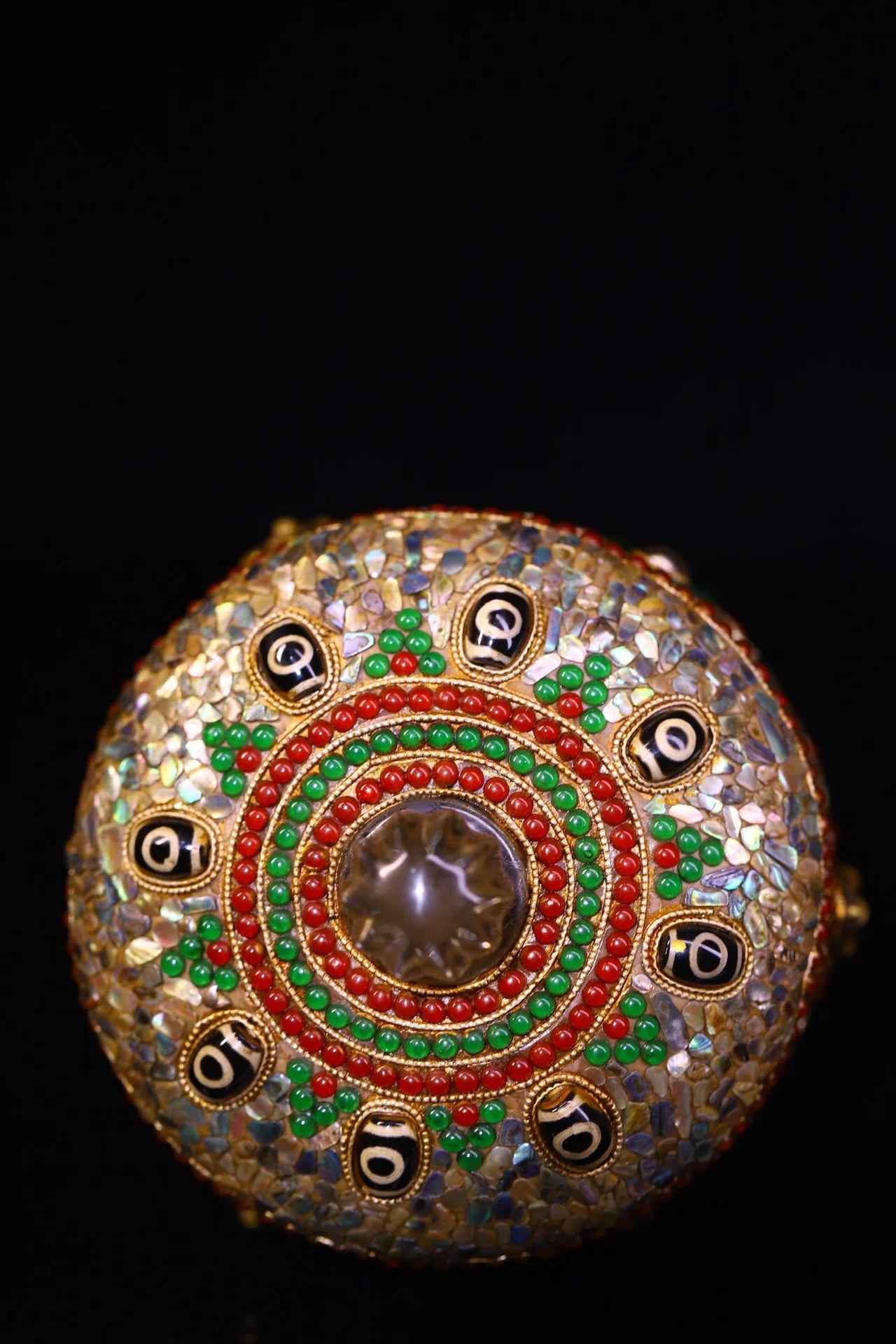 6"Tibetan Temple Collection Old Crystal Mosaic Gem gZi Beads Shell Buddha Texture Buddha jar Relic jar Amulet Worship Hall