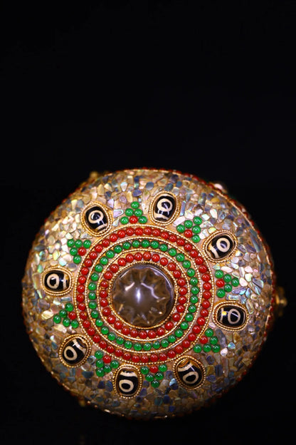 6"Tibetan Temple Collection Old Crystal Mosaic Gem gZi Beads Shell Buddha Texture Buddha jar Relic jar Amulet Worship Hall