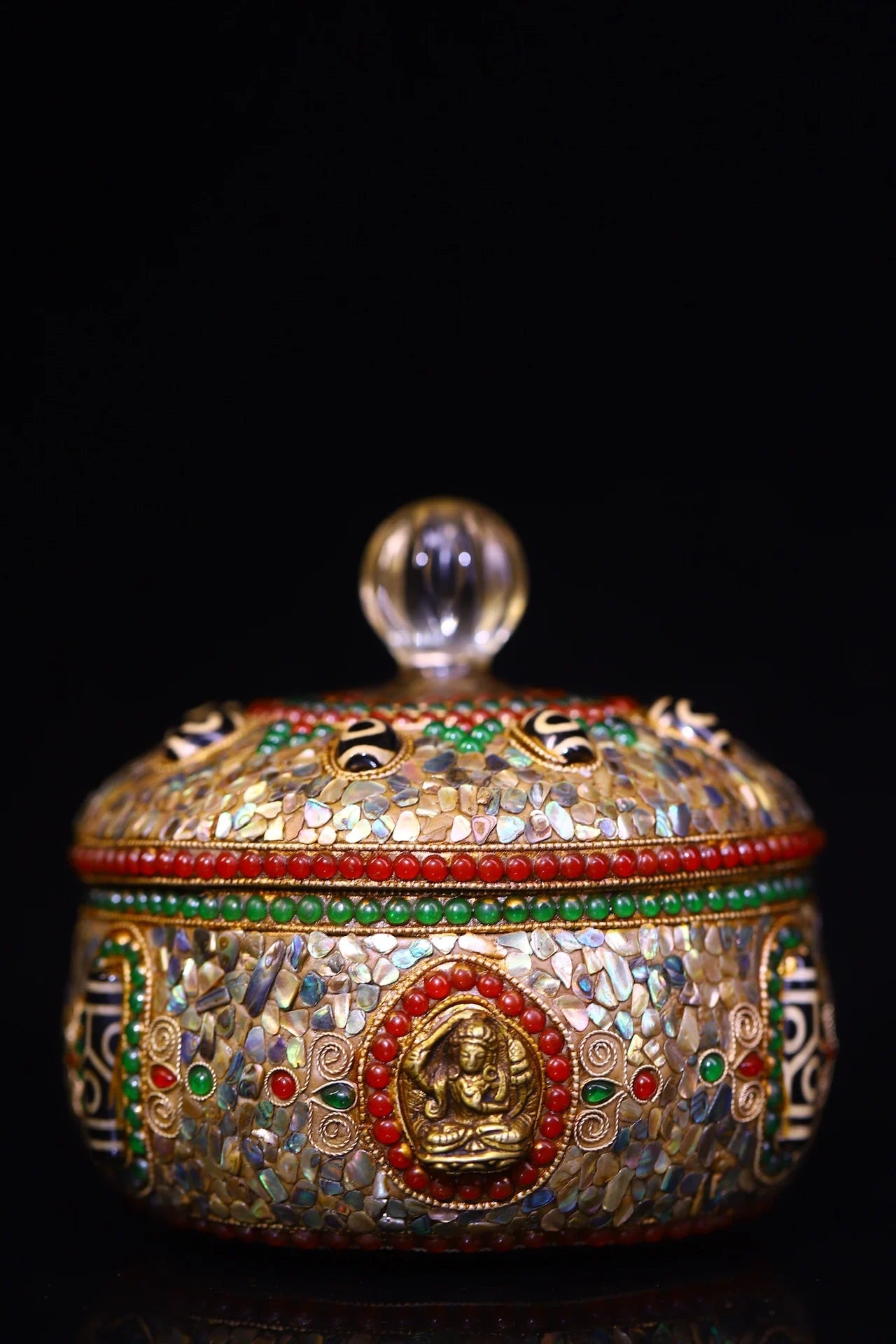 6"Tibetan Temple Collection Old Crystal Mosaic Gem gZi Beads Shell Buddha Texture Buddha jar Relic jar Amulet Worship Hall