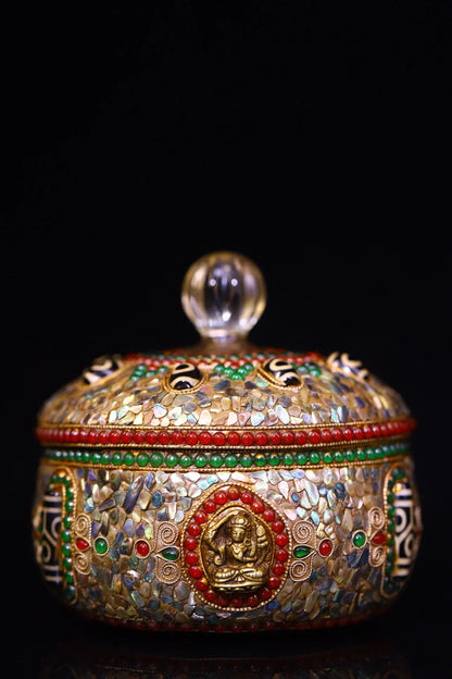 6"Tibetan Temple Collection Old Crystal Mosaic Gem gZi Beads Shell Buddha Texture Buddha jar Relic jar Amulet Worship Hall