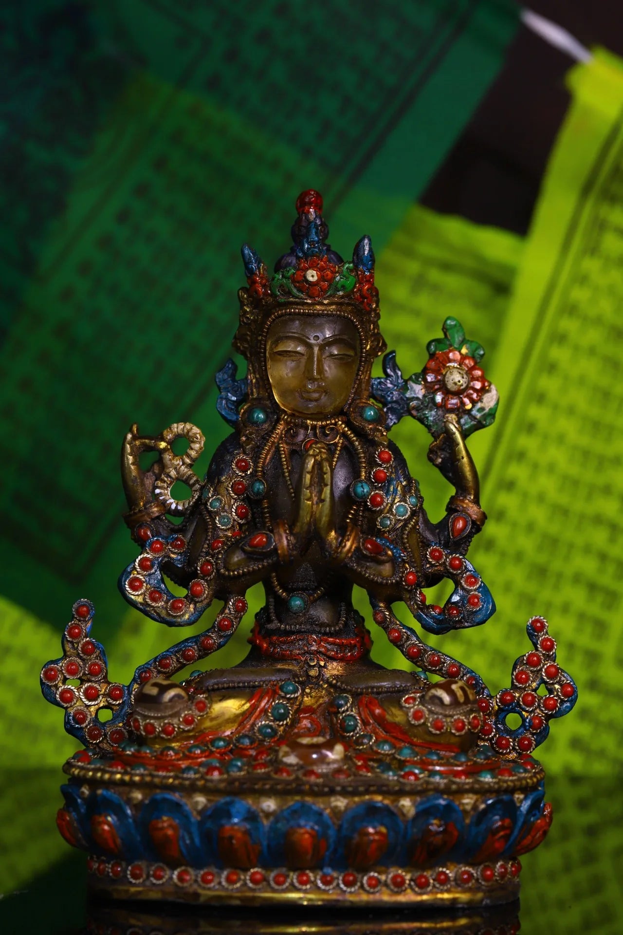 6"Tibetan Temple Collection Old Natural Crystal Mosaic Gem gZi Beads Four-armed Guanyin Bodhisattva Sitting Buddha Worship Hall