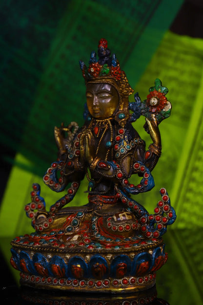 6"Tibetan Temple Collection Old Natural Crystal Mosaic Gem gZi Beads Four-armed Guanyin Bodhisattva Sitting Buddha Worship Hall
