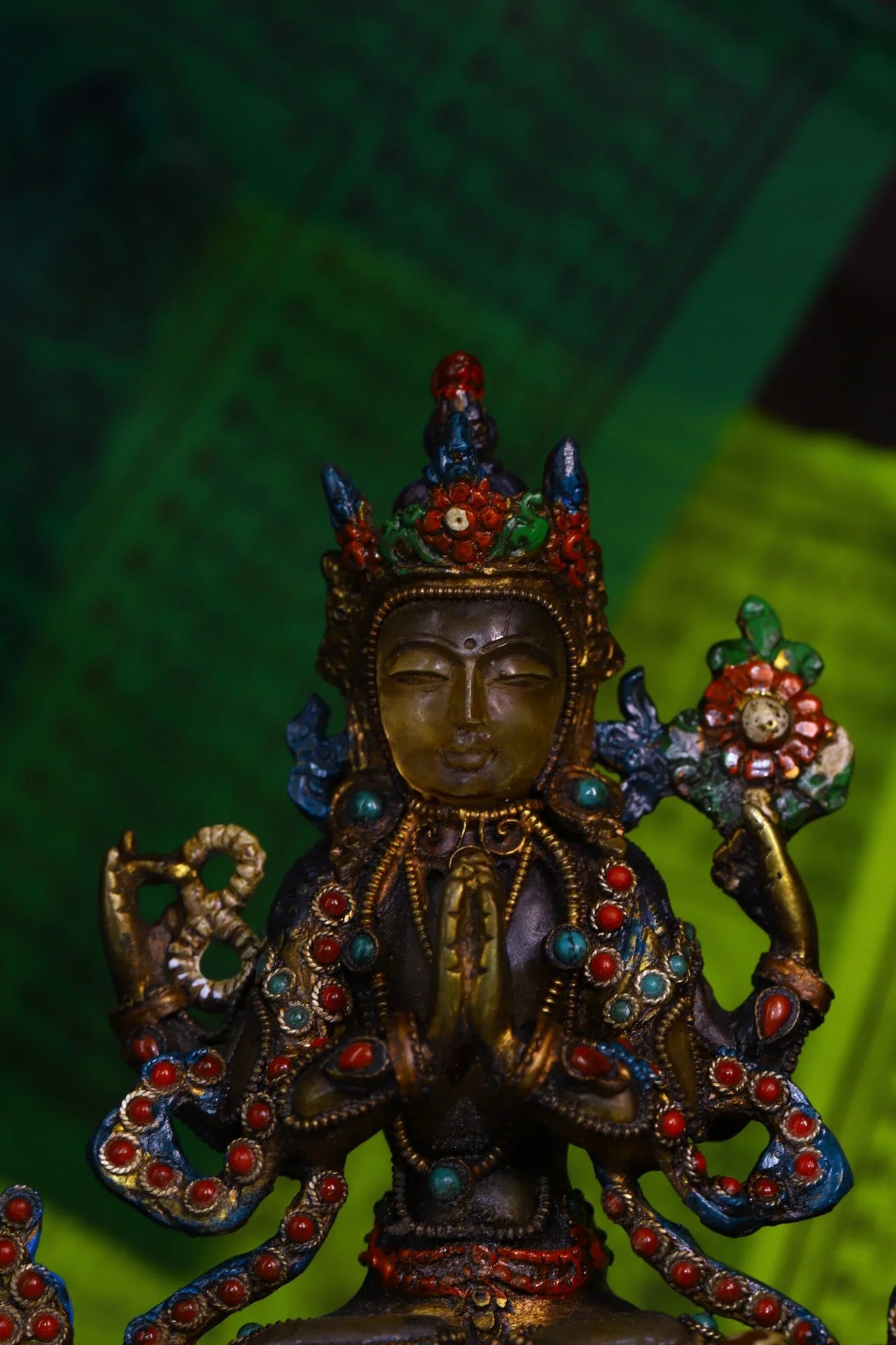 6"Tibetan Temple Collection Old Natural Crystal Mosaic Gem gZi Beads Four-armed Guanyin Bodhisattva Sitting Buddha Worship Hall