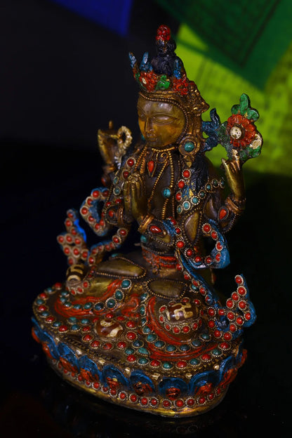 6"Tibetan Temple Collection Old Natural Crystal Mosaic Gem gZi Beads Four-armed Guanyin Bodhisattva Sitting Buddha Worship Hall