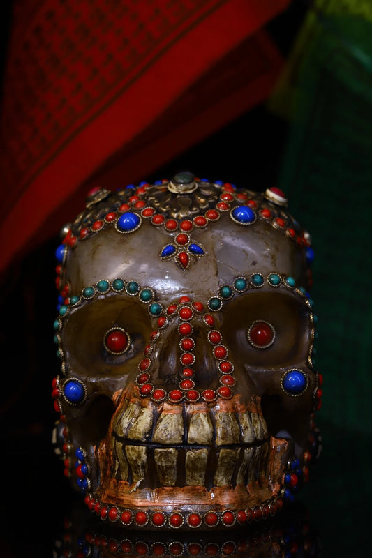 6"Tibetan Temple Collection Old Natural Crystal mosaic Gem Dzi Beads Lord of the corpse skull statue Town house Exorcism