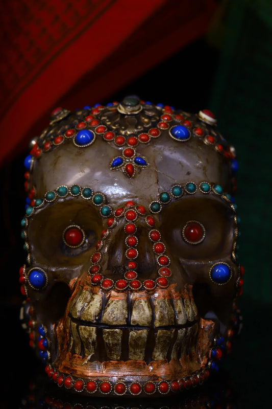 6"Tibetan Temple Collection Old Natural Crystal mosaic Gem Dzi Beads Lord of the corpse skull statue Town house Exorcism