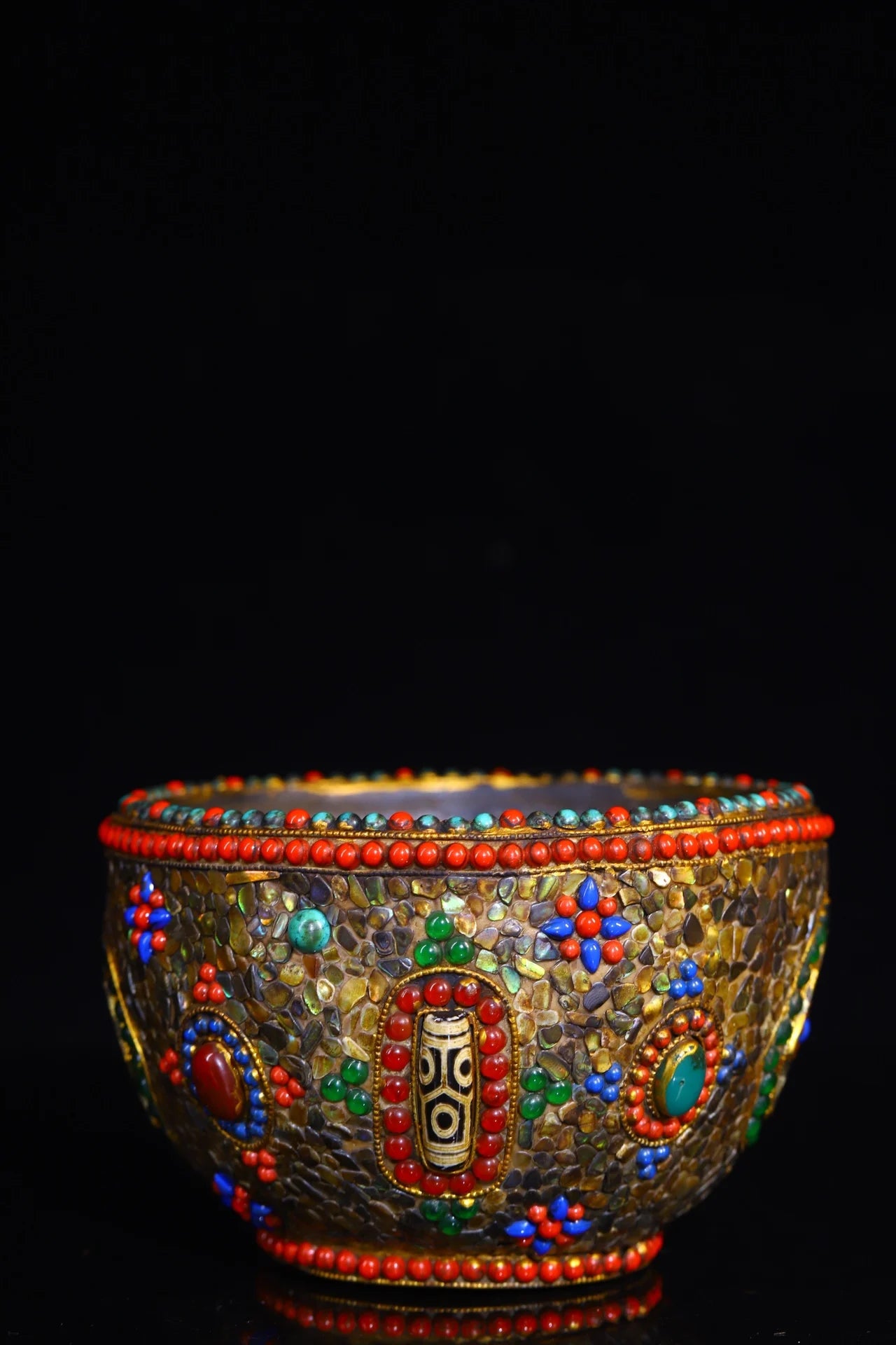 6"Tibetan Temple Collection Old Natural Meteorite Mosaic Gem gZi Beads Shell Eight Treasures Amulet Sacrificial Bowl Town house