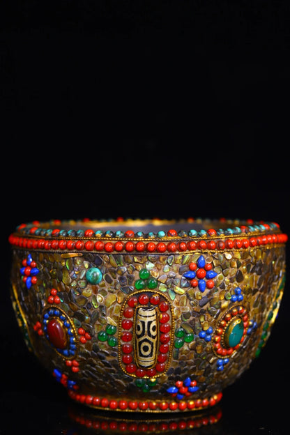 6"Tibetan Temple Collection Old Natural Meteorite Mosaic Gem gZi Beads Shell Eight Treasures Amulet Sacrificial Bowl Town house