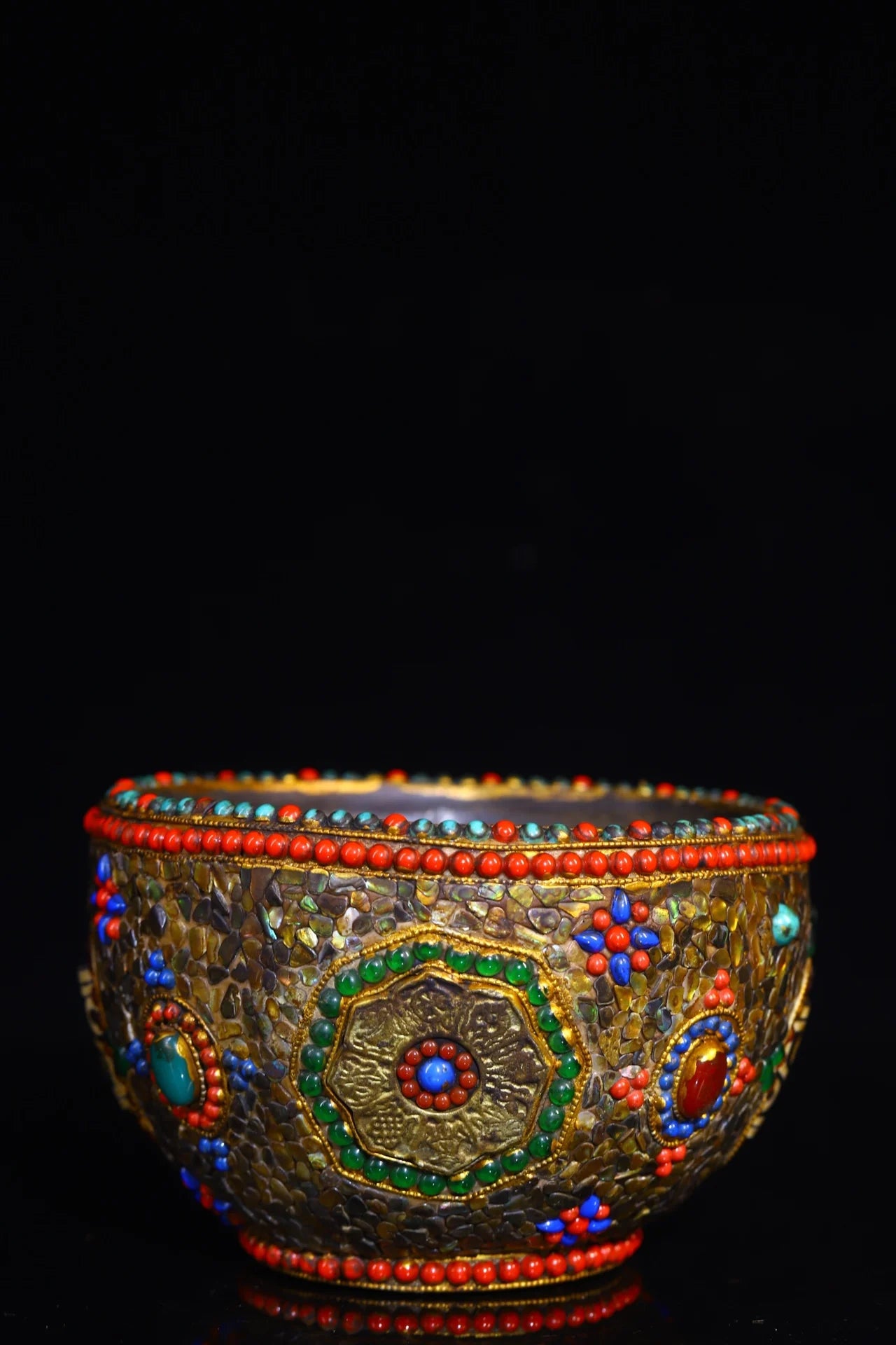 6"Tibetan Temple Collection Old Natural Meteorite Mosaic Gem gZi Beads Shell Eight Treasures Amulet Sacrificial Bowl Town house