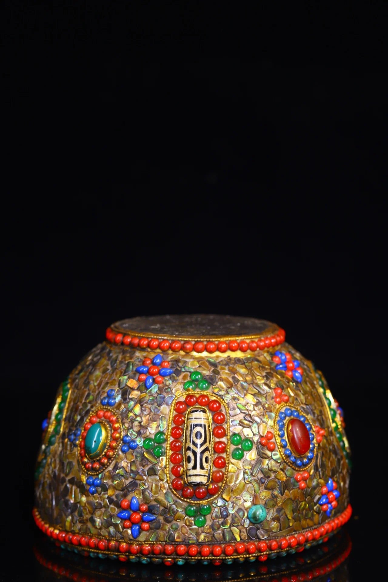 6"Tibetan Temple Collection Old Natural Meteorite Mosaic Gem gZi Beads Shell Eight Treasures Amulet Sacrificial Bowl Town house