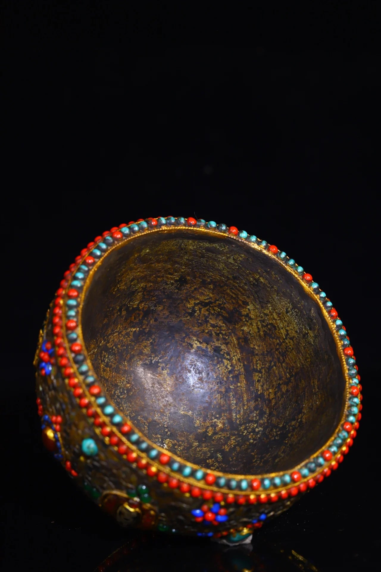 6"Tibetan Temple Collection Old Natural Meteorite Mosaic Gem gZi Beads Shell Eight Treasures Amulet Sacrificial Bowl Town house