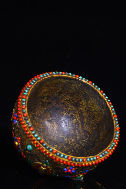 6"Tibetan Temple Collection Old Natural Meteorite Mosaic Gem gZi Beads Shell Eight Treasures Amulet Sacrificial Bowl Town house