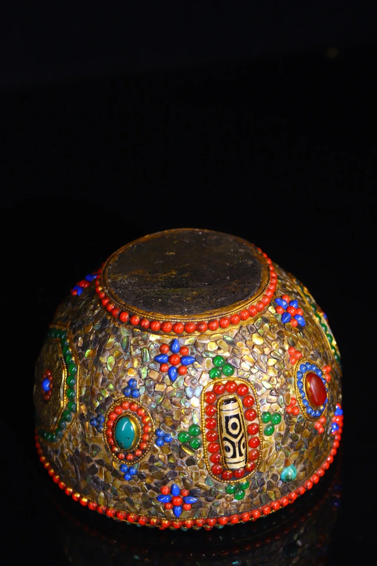 6"Tibetan Temple Collection Old Natural Meteorite Mosaic Gem gZi Beads Shell Eight Treasures Amulet Sacrificial Bowl Town house