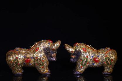 6"Tibetan Temple Collection Old Natural Meteorites Painted Mosaic Gem gZi Beads Shell Cow Cattle Bull Statue A Pair Town house