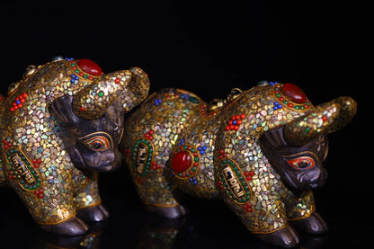 6"Tibetan Temple Collection Old Natural Meteorites Painted Mosaic Gem gZi Beads Shell Cow Cattle Bull Statue A Pair Town house