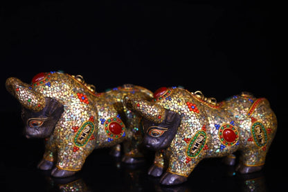 6"Tibetan Temple Collection Old Natural Meteorites Painted Mosaic Gem gZi Beads Shell Cow Cattle Bull Statue A Pair Town house