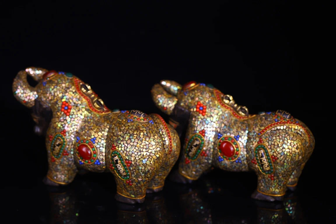 6"Tibetan Temple Collection Old Natural Meteorites Painted Mosaic Gem gZi Beads Shell Cow Cattle Bull Statue A Pair Town house